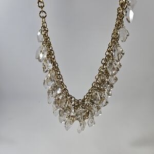 Talbots Gold Tone Mesh Bib Style Necklace With Clear Acrylic Gems Retail $69